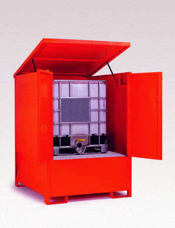 Наружний контейнер из окрашенной стали для хранения 1000 л - IBC - верхняя крышка крышки, двери могут быть заперты